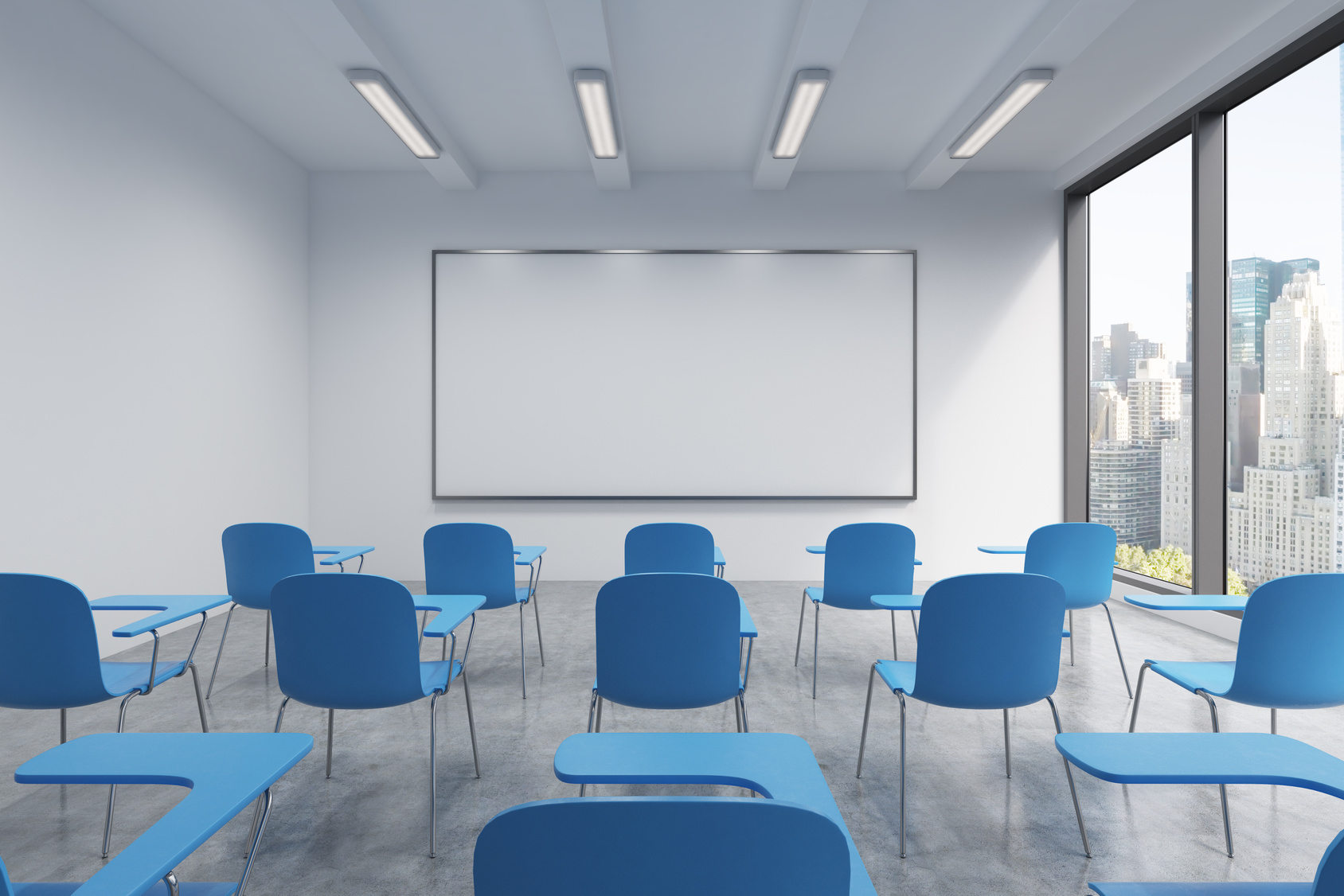 A classroom or presentation room in a modern university or fancy office. Blue chairs, a whiteboard on the wall and panoramic windows with New York view. 3D rendering.